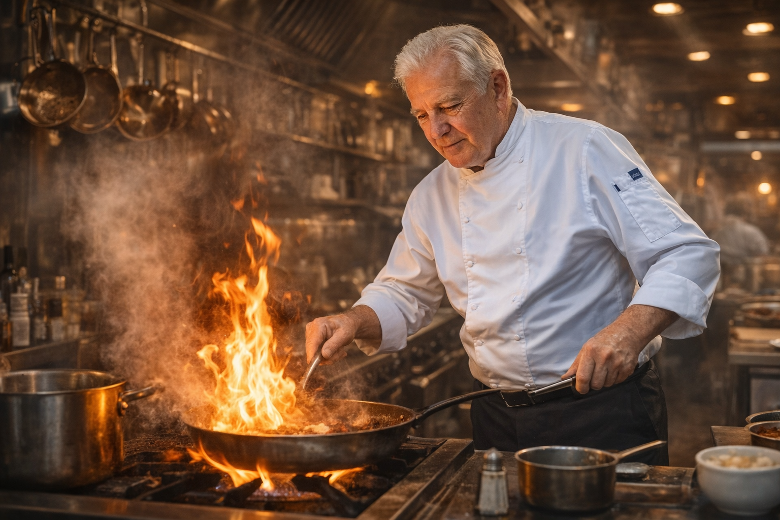 Antoine, professional French chef, cooking at high heat in his restaurant kitchen