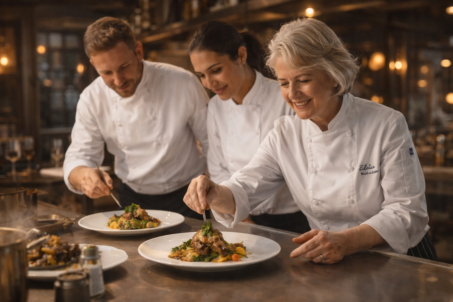 Élodie with her culinary team carefully plating dishes in a professional restaurant kitchen