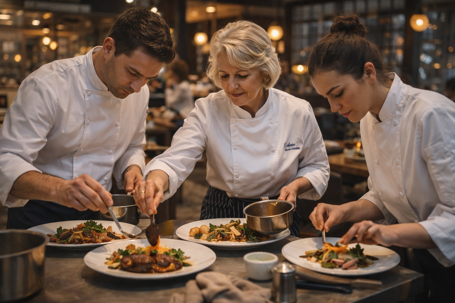 Élodie with her culinary team carefully plating dishes in a professional restaurant kitchen
