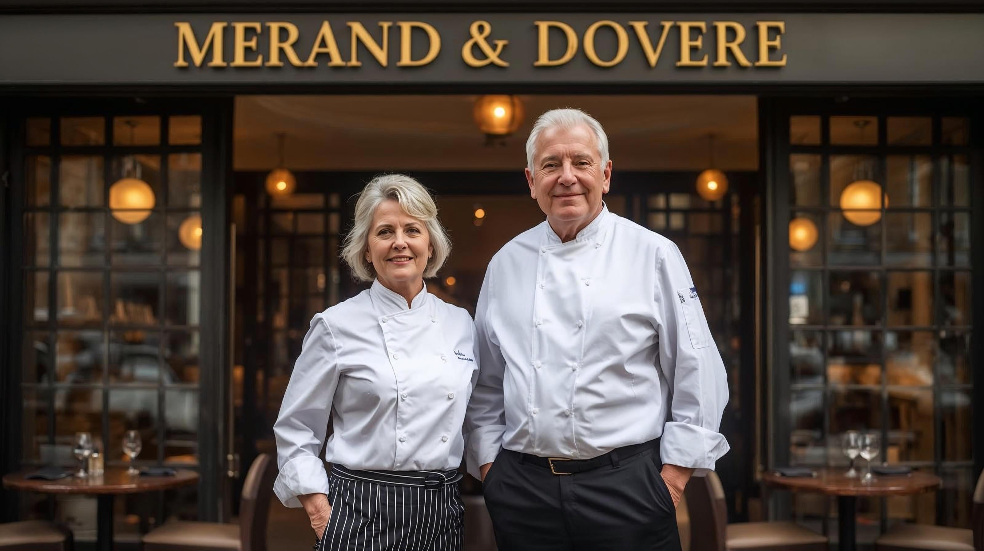 Two chefs in front of a fine dining restaurant entrance MERDOVE