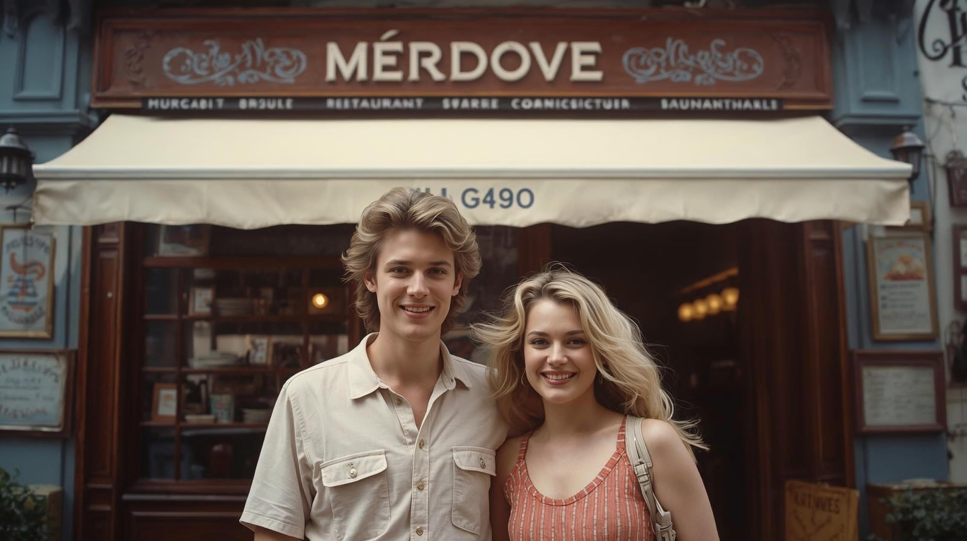 Antoine and Élodie in their early years standing in front of their first restaurant in France