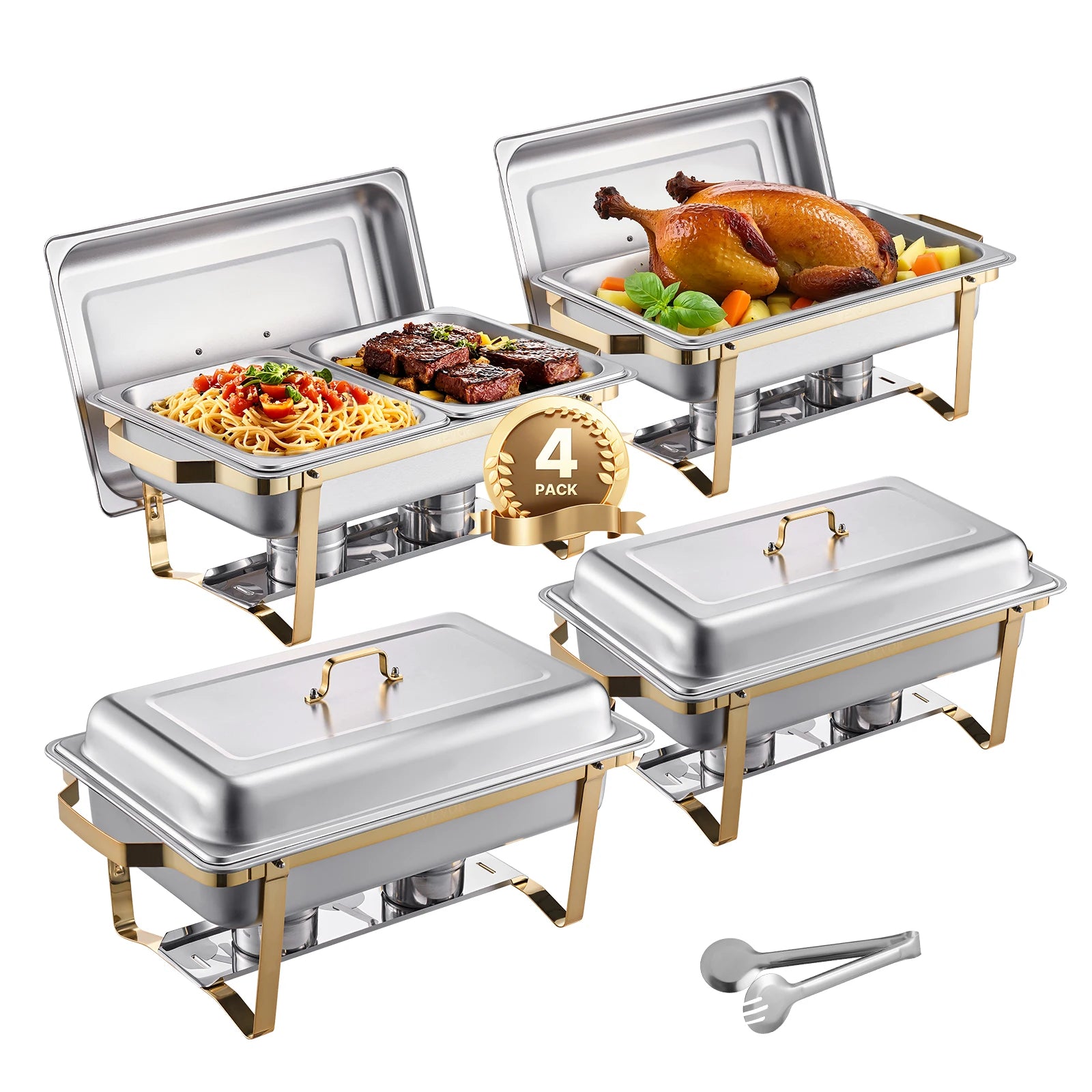 Merdove Essentielle Silver-Only 8 Qt Chafing Dish Buffet Set (4-Pack) – Stainless Steel Chafer with 2 Full-Size & 4 Half-Size Pans (Catering Warmer)