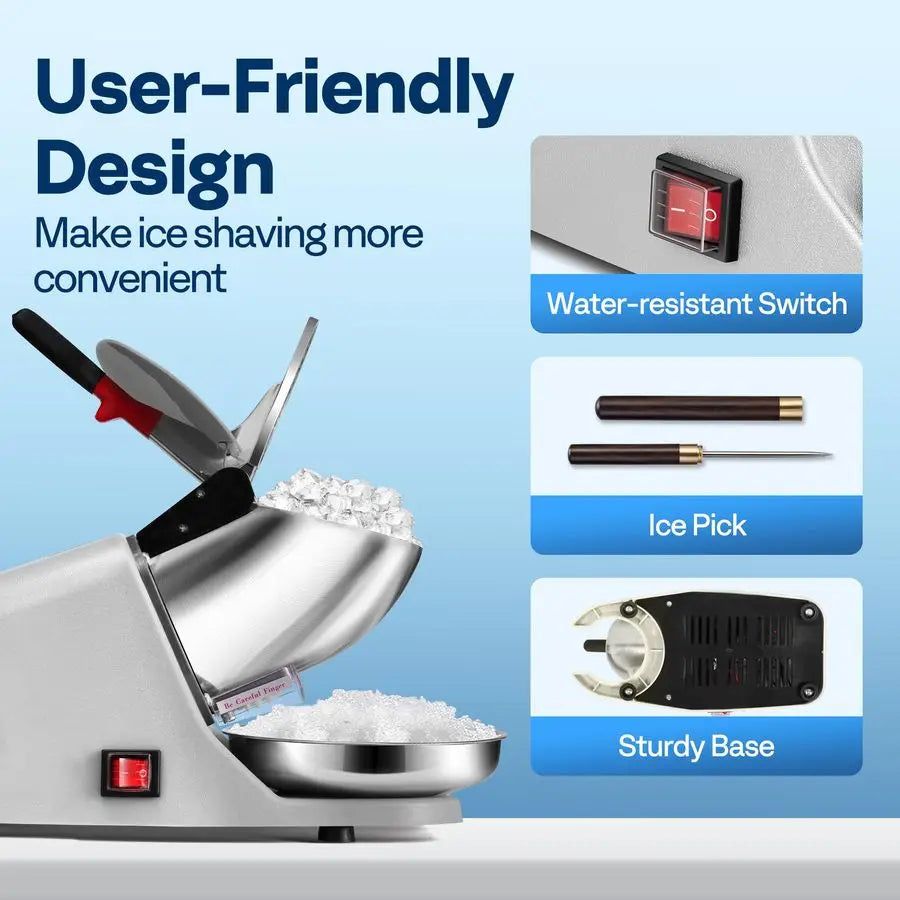 Merdove Barista Electric Ice Shaver – Snow Cone Maker (3 kg/min, 65W) with Ice Pick – Silver