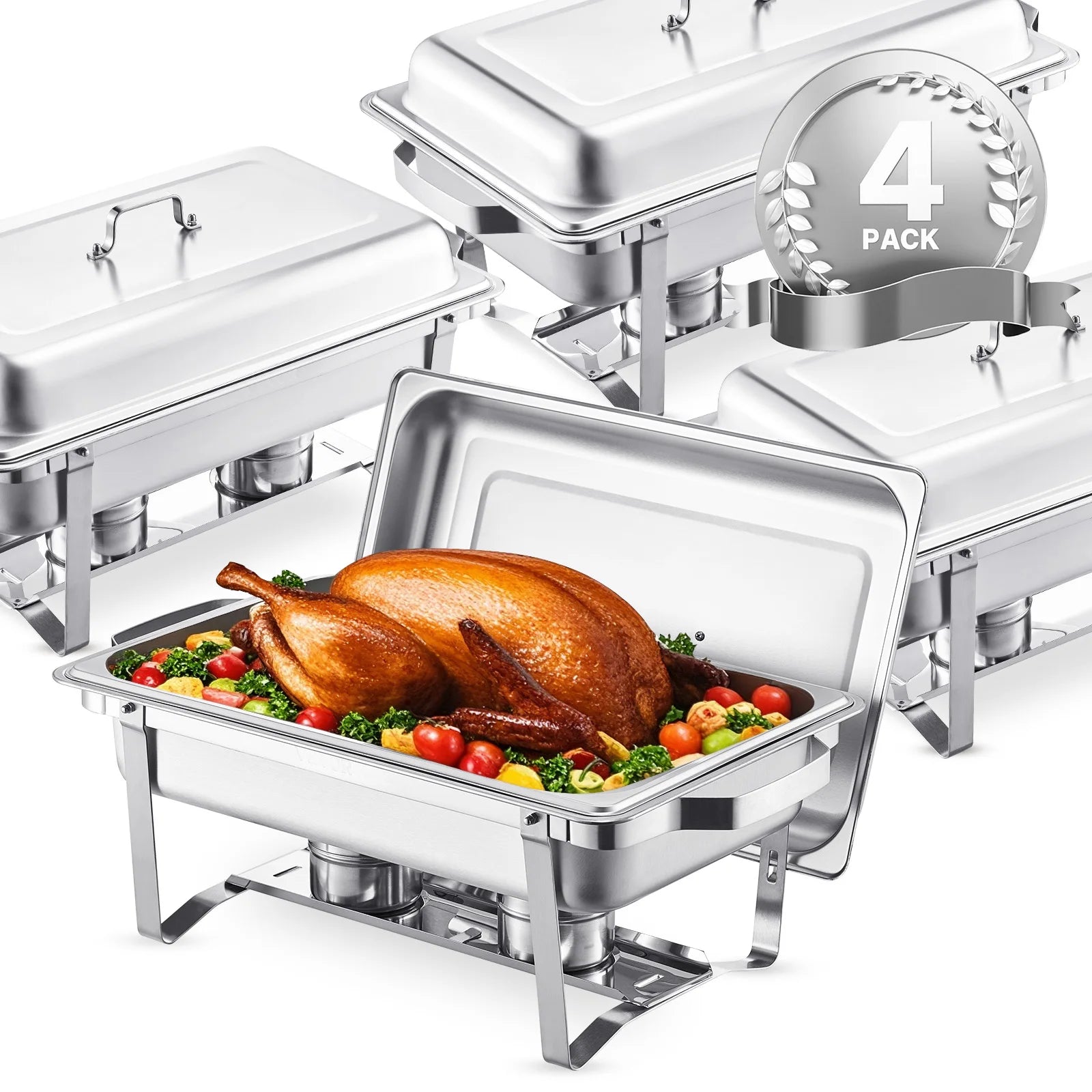 Merdove Essentielle Silver-Only 8 Qt Chafing Dish Buffet Set (4-Pack) – Stainless Steel Chafer with 2 Full-Size & 4 Half-Size Pans (Catering Warmer)