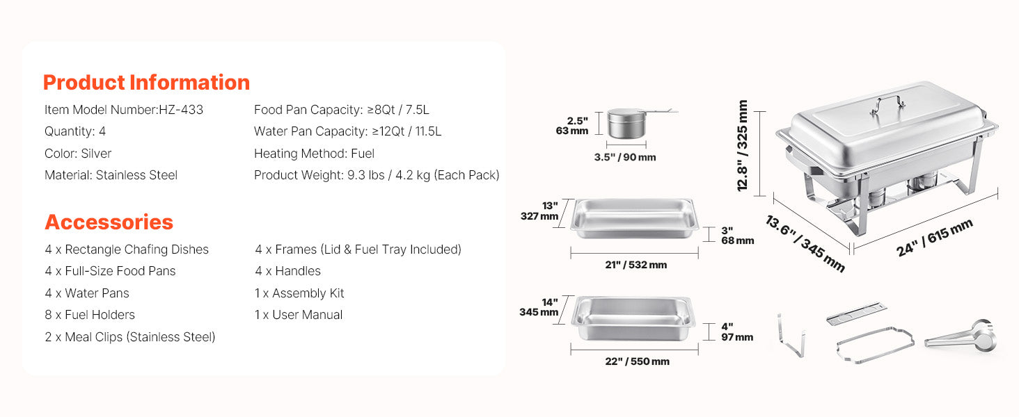 Merdove Essentielle Silver-Only 8 Qt Chafing Dish Buffet Set (4-Pack) – Stainless Steel Chafer with 2 Full-Size & 4 Half-Size Pans (Catering Warmer)