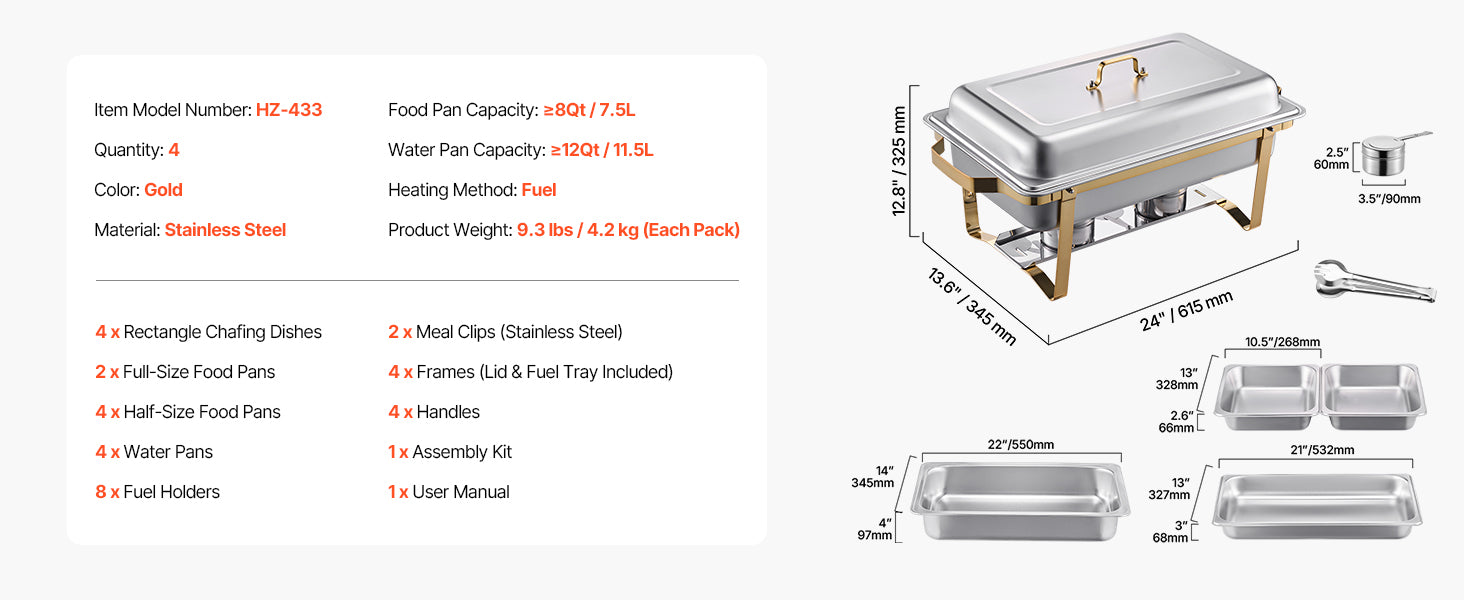 Merdove Essentielle Silver-Only 8 Qt Chafing Dish Buffet Set (4-Pack) – Stainless Steel Chafer with 2 Full-Size & 4 Half-Size Pans (Catering Warmer)